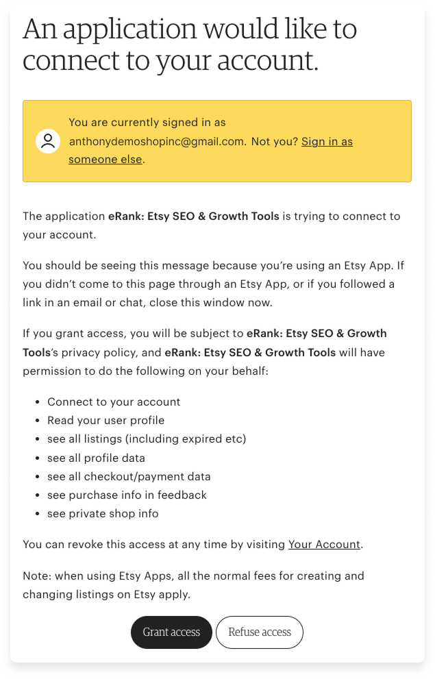 The pop-up that appears when you connect your Etsy shop to eRank.
