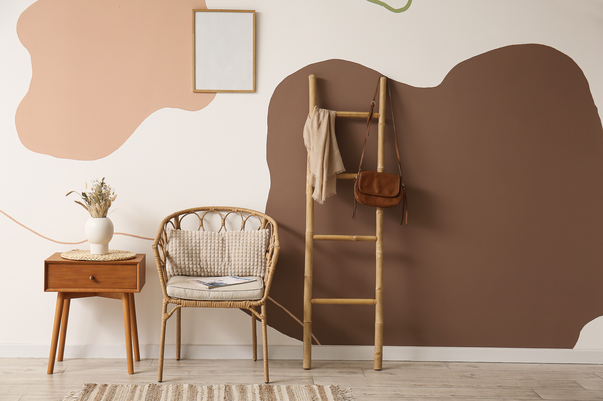 Interior of Living Room with Table, Armchair and Ladder Shelf