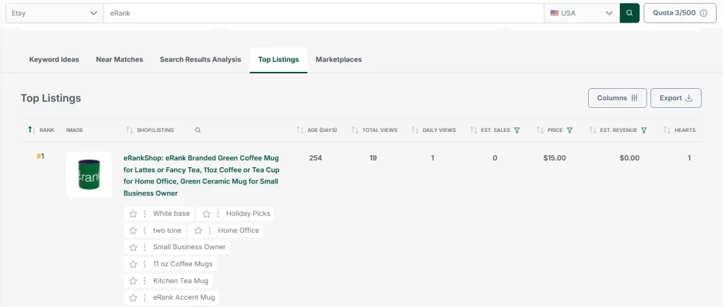 eRank Keyword Tool showing top Etsy competitors and keyword tags for a product listing.