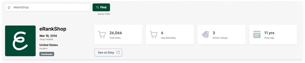 eRank Shop Info tool displaying Etsy competitor data, including total sales, active listings, shop age, and location.
