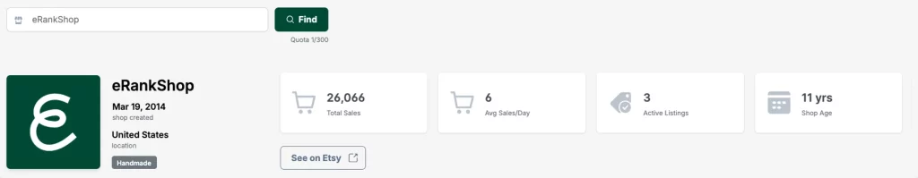 pestaña Descripción General de la Tienda en el Informe de la Tienda de eRank que muestra el rendimiento del competidor en Etsy y un gráfico de ventas de los últimos 15 meses.