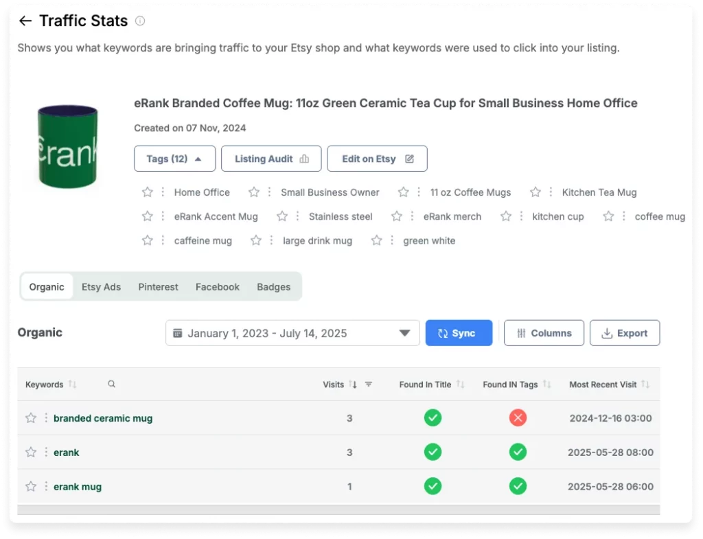 The Organic Search Report in eRank's Traffic Stats report.