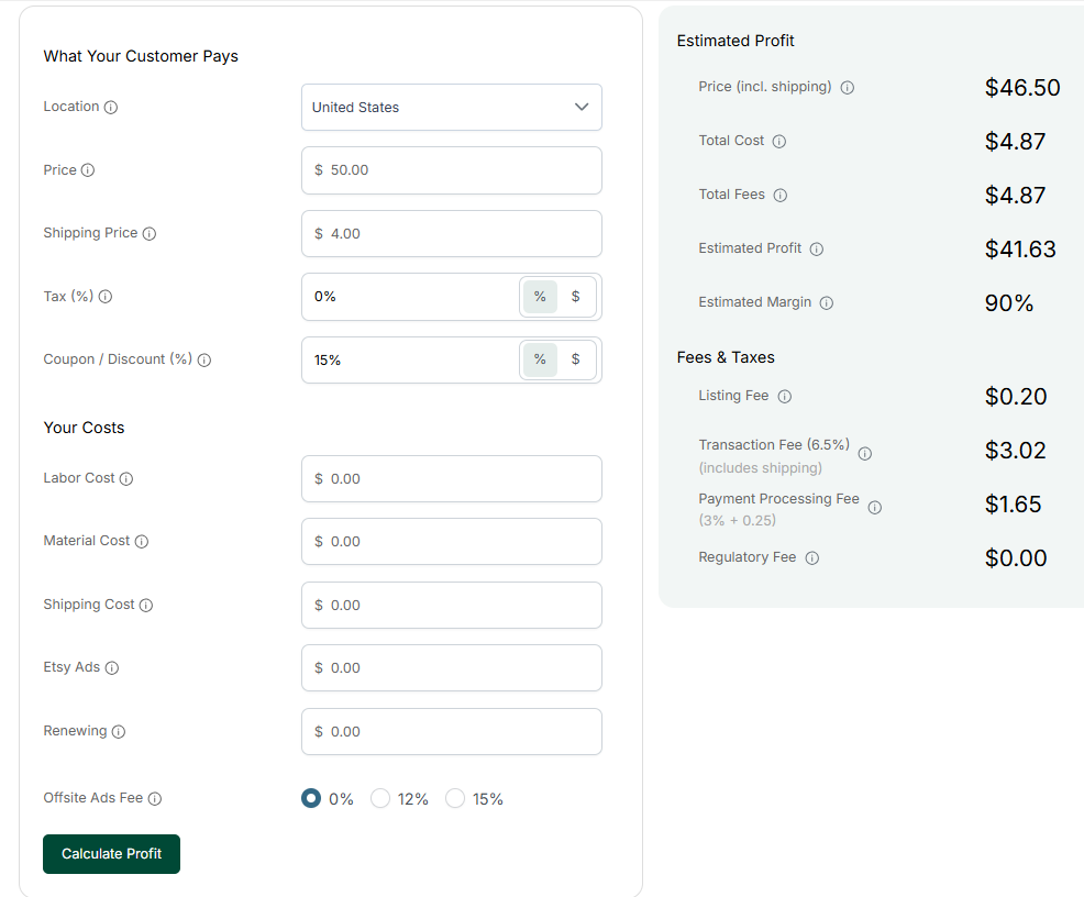 A screenshot from eRank's Profit Calculator tool, demonstrating how the tool calculates profit based upon factors such as shipping, coupons, and ad spend.