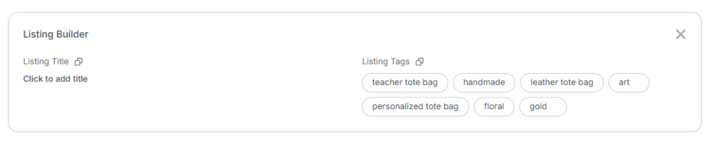 Screenshot of the eRank Listing Builder tool before adding keywords, showing empty title and tags fields