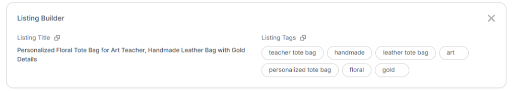 Screenshot of the eRank Listing Builder showing a completed Etsy listing title and tags created from selected keywords