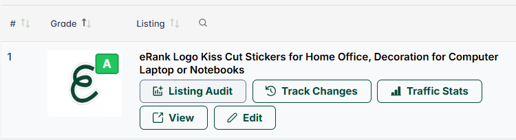 Screenshot from eRank's Listings page showing the optimization tools available for an eRank logo sticker listing.