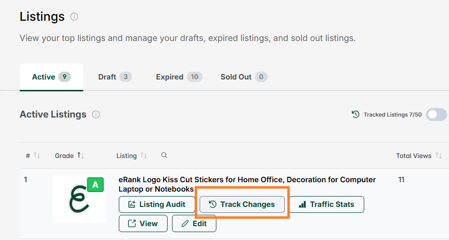Picture of the Active Listings report for eRank's Etsy shop with the Track Changes buttons highlighted.