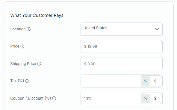 Screenshot of Profit Calculator entry screen for "How much the customer pays"