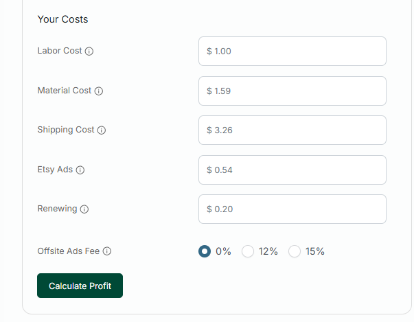 Screenshot of Profit Calculator entry screen for "Your costs"