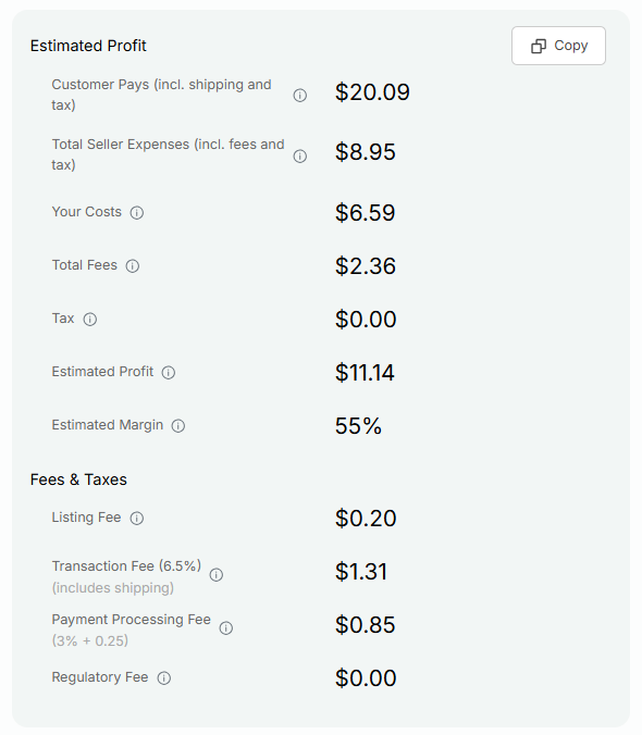 Screenshot of Profit Calculator results for your Estimated Profit