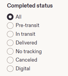 Screenshot from Etsy's Shop Manager Orders page showing a search filter for Completed status. Options include pre-transit, delivered, and digital.