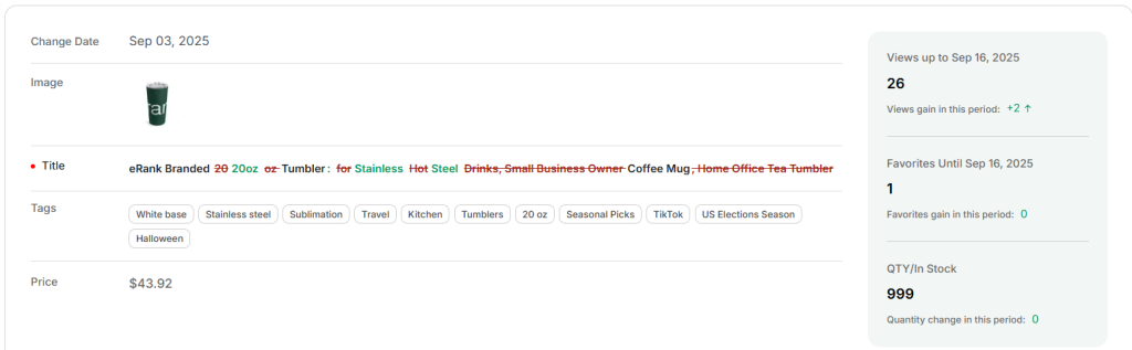 Screenshot of a Change Summary for eRank's Listing Changes tool.