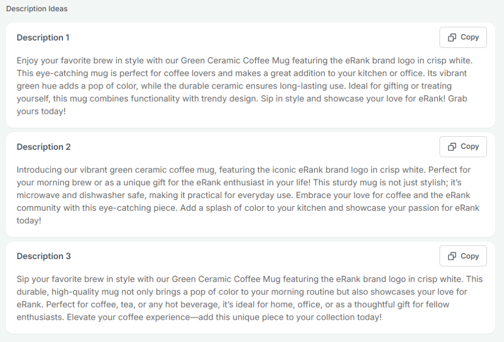 Screenshot of eRank's Listing Helper offer three options for listing descriptions.