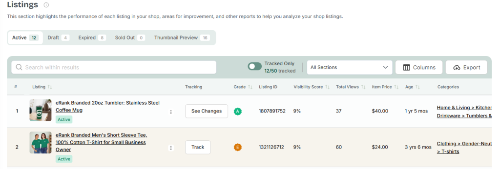 Screenshot of eRank's Listings tool.