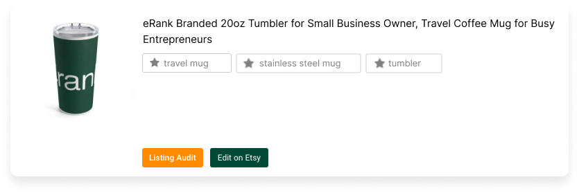 The "Listing Audit" and "Edit on Etsy" buttons in our Traffic Stats tool. Clicking the orange "Listing Audit" button will open our Listing Audit tool. Clicking the green "Edit on Etsy" button will allow you to do exactly that -- edit your listing on Etsy.