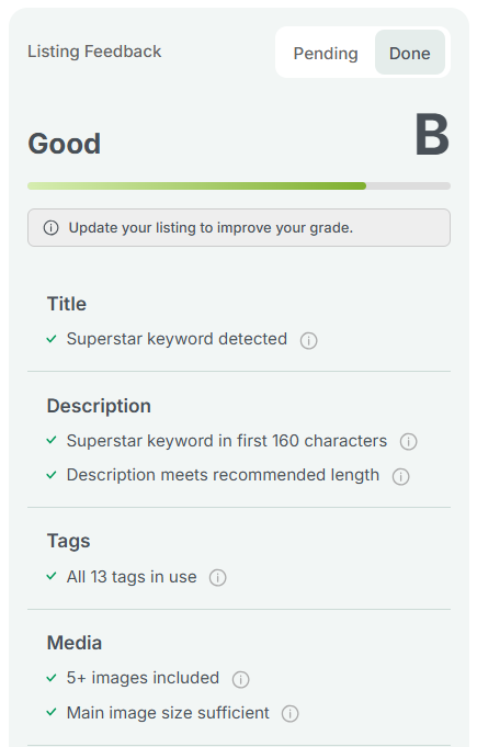 A screenshot of eRank's Listing Audit tool displaying feedback for the listing.