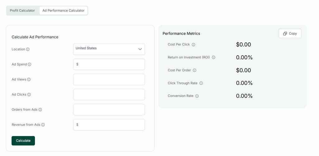 Screenshot of eRank's Ad Performance Calculator that helps you to determine how much you can spend on Etsy ads, a paid traffic source