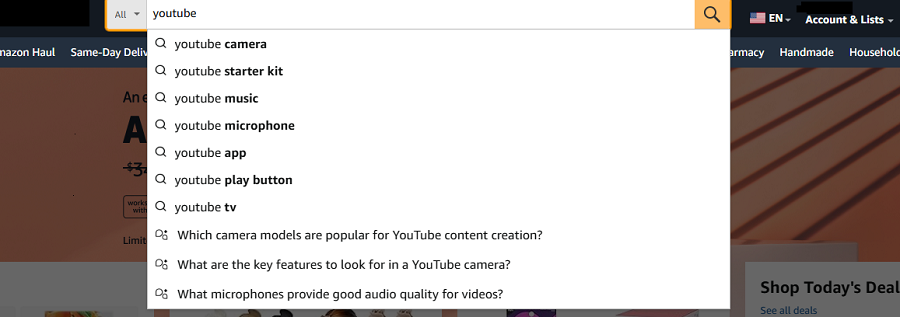 Screenshot taken 8/12/2025 of Amazon’s homepage showing its suggested searches related to the keyword “youtube.”
