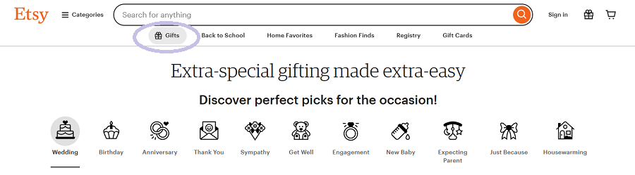 Screenshot taken mid-June 2025 of Etsy homepage gift promos. We’ve circled the Gifts widget in purple.