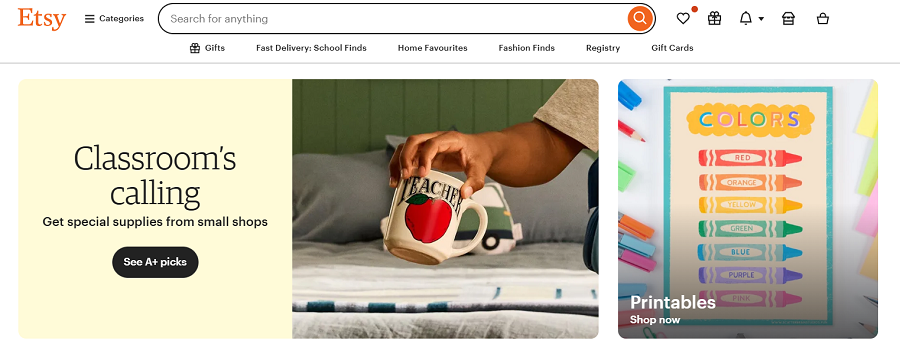 Screenshot of the Etsy US homepage taken Aug 3, 2025 showing Back to School promos.