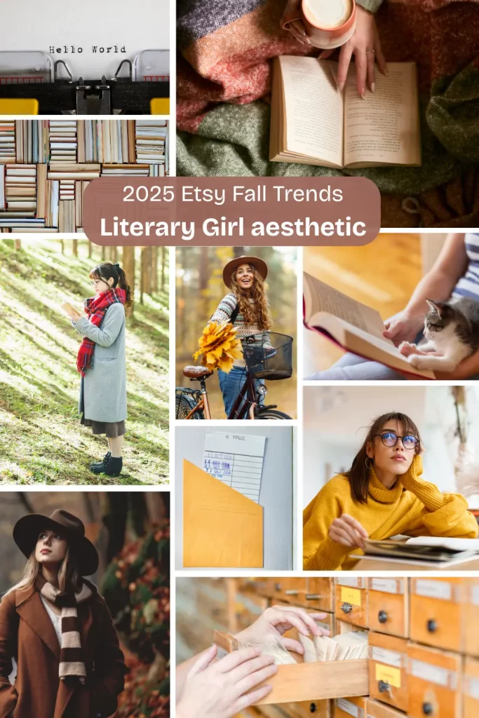 Collage of 2025 Etsy Fall Trends featuring the "Literary Girl aesthetic" with images of books, cozy reading setups, fall fashion, and vintage library elements.