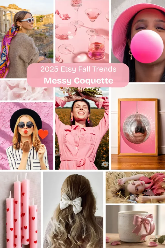 Collage of 2025 Etsy Fall Trends showcasing the "Messy Coquette" aesthetic with pink fashion, bows, playful accessories, candles, and retro-chic vibes.
