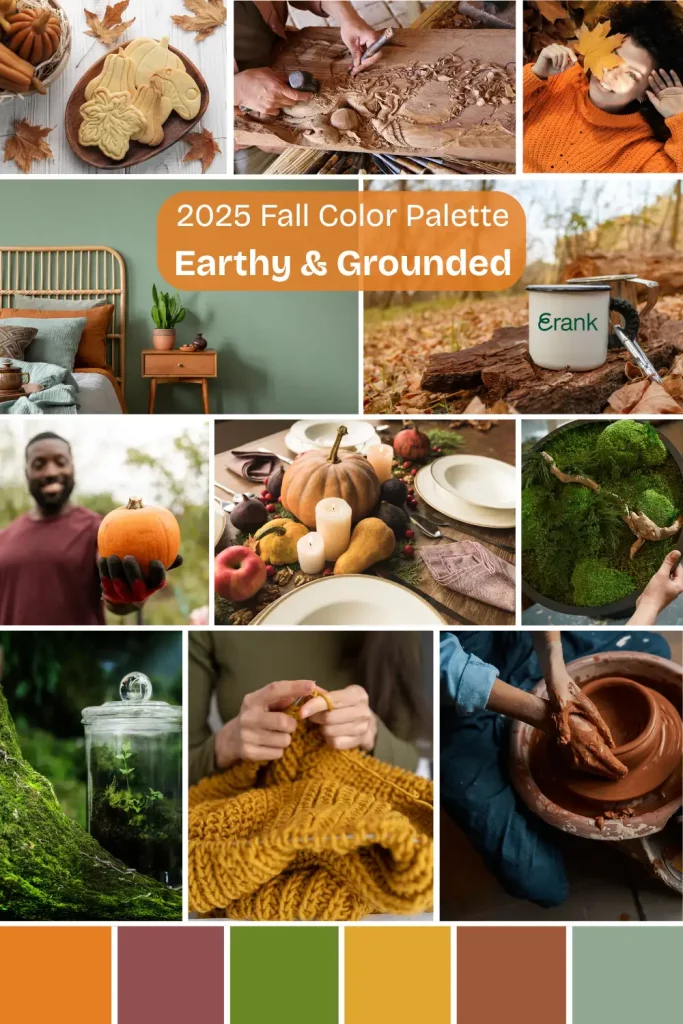 A mood board showcasing the 2025 fall color palette titled "Earthy & Grounded," with images of autumn leaves, cozy home decor, natural textures, handmade crafts, and rich, seasonal foods.
