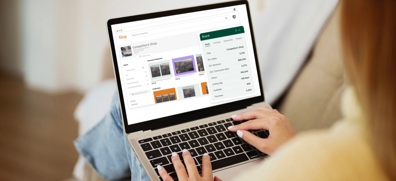 eRank Chrome Extension for Etsy SEO showing keyword research, trends, and shop insights