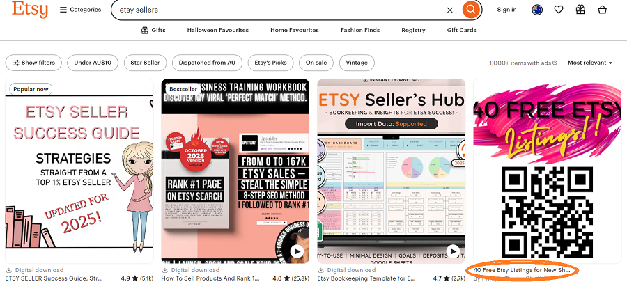 Screenshot of the four top Etsy Australia search results for the keyword “etsy sellers.”