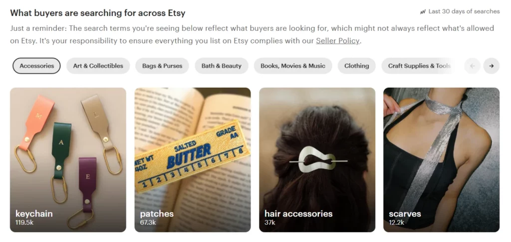 Screenshot of Etsy’s Marketplace Insights tool showing the “What buyers are searching for across Etsy” section, with product examples from categories like Accessories, Art & Collectibles, and Bags & Purses.