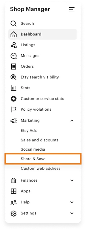 Screenshot of the Etsy Shop Manager menu showing the path to join the Share and Save Program under Marketing.