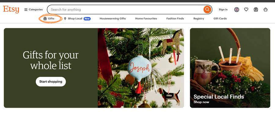 Screenshot of Etsy’s UK homepage with the “Gifts” tab that we’ve circled in orange.