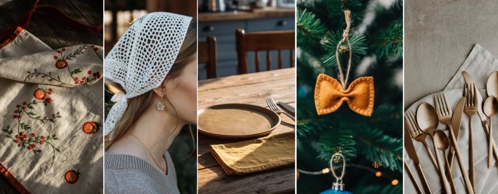 Cozy Nonna Holiday banner with warm browns, embroidered linens, tomato-red accents, and vintage kitchen details.