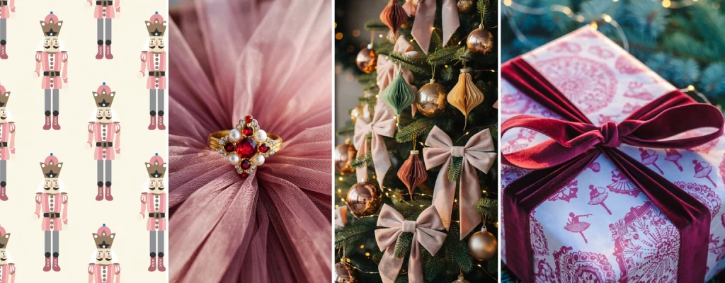 Nutcrackercore banner with jewel tones, velvet ribbons, gilded ornaments, and fairytale holiday decor.