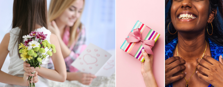 A collage of brightly-colored images featuring a girl holding a bouquet of flowers, a  gift wrapped in striped paper, and a smiling dark-skinned woman wearing a gold necklace.