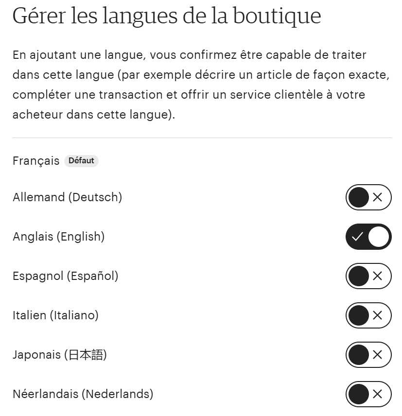 Capture d'écran de la page "Gérer les langues de la boutique" sur Etsy,
avec le français en langue principale et l'anglais activé en traduction manuelle