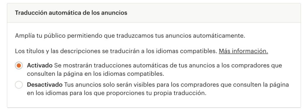 Captura de pantalla del interfaz de Etsy: la traducción automática de los anuncios está activada.