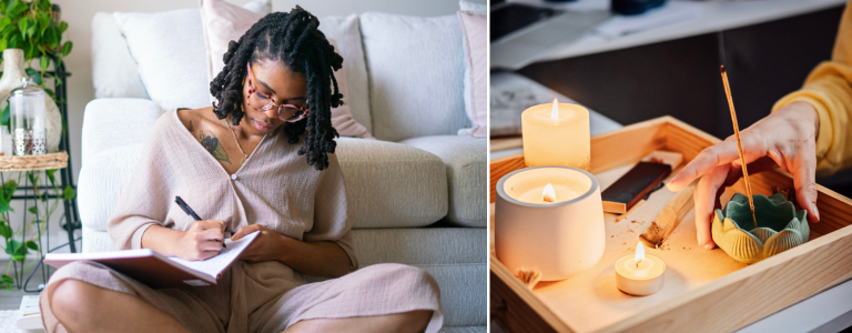 Woman journaling at home and a candle self-care tray with incense — personal ritual self-gifting products sold on Etsy