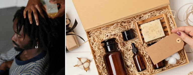 Man enjoying a scalp treatment and an open artisan gift set with natural beauty products — self-gifting beyond gender on Etsy