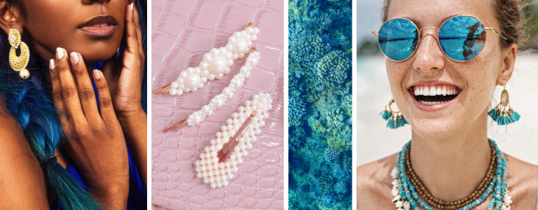 A serene coastal-themed flat lay featuring a variety of shell and pearl jewelry, textured ocean-colored beads, and sea glass on a soft turquoise background. The image represents the 2026 Etsy trend for expressive and organic summer accessories.