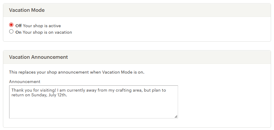 Screenshot of the Etsy Shop Manager Vacation Mode settings page, showing the option to turn vacation on or off and add a vacation announcement