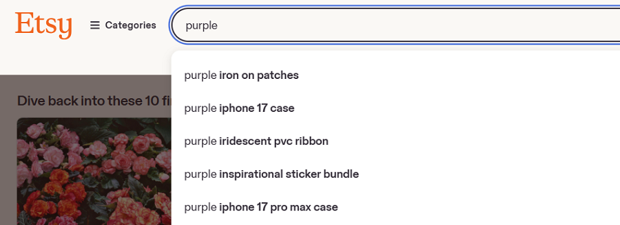 Etsy homepage search bar with its dropdown menu of suggestions related to purple.