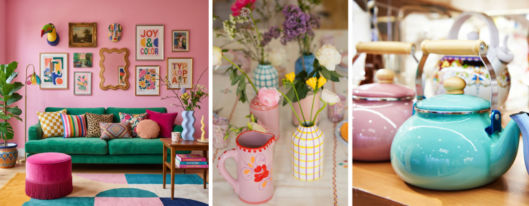 A colorful interior showcasing the FunHaus aesthetic with bold stripes and vibrant handmade decor, illustrating Summer 2026 Etsy trends.