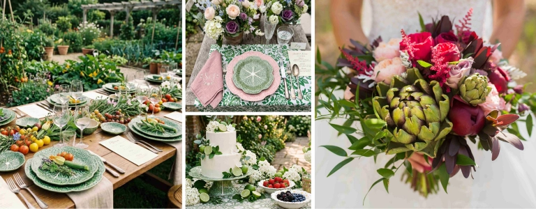 A wedding table styled with fresh vegetables and green ceramic plates, a botanical place setting with cabbage-leaf dinnerware, a garden wedding cake surrounded by greenery and berries, and a bridal bouquet featuring artichokes and peonies, illustrating the 2026 Cabbage Crush wedding decor trend