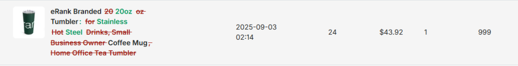 Screenshot of eRank's Daily Snapshot showing a listing title with removed keywords highlighted in red strikethrough formatting