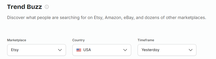 eRank Trend Buzz tool interface showing dropdown menus to filter by marketplace, country, and timeframe to find what's selling on Etsy