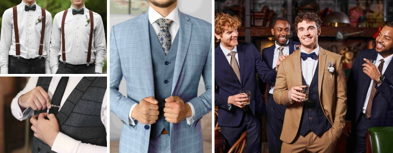 Groomsmen wearing suspenders and bow ties, a groom in a light blue patterned suit with a floral tie, a close-up of wedding cufflinks, and a group of groomsmen in mixed-color suits showcasing 2026 groom style trends