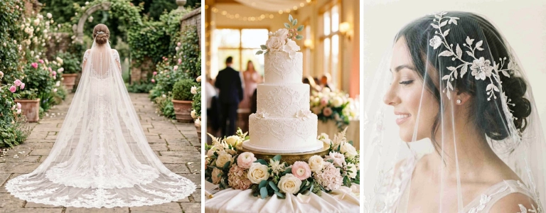 Bride wearing a lace cathedral veil in a garden, a three-tier wedding cake with lace-inspired decorations, and a bride with a floral lace veil, illustrating 2026 lace wedding trends