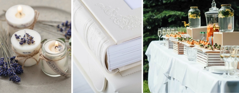 Lavender-scented wedding candles, an embossed white wedding album, and an outdoor wedding buffet table showcasing memorable 2026 wedding details for Etsy sellers