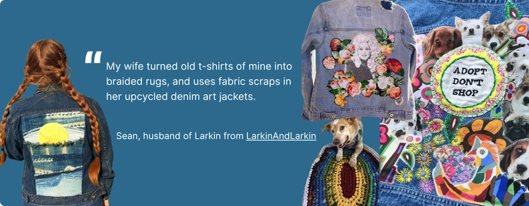 Upcycled denim jacket with embroidered floral patches, next to a dog wearing an Adopt Don't Shop patch